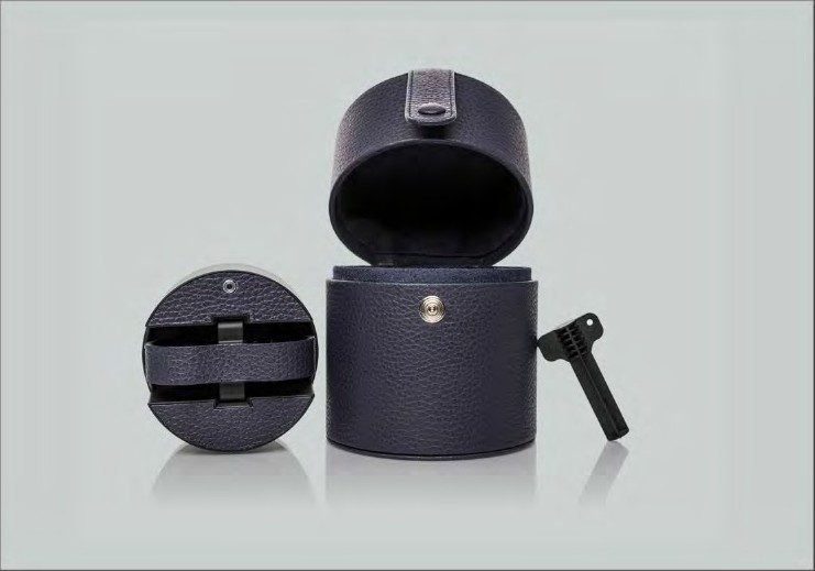 Boîte cylindrique : Rangement boutons de manchette, cuir marine