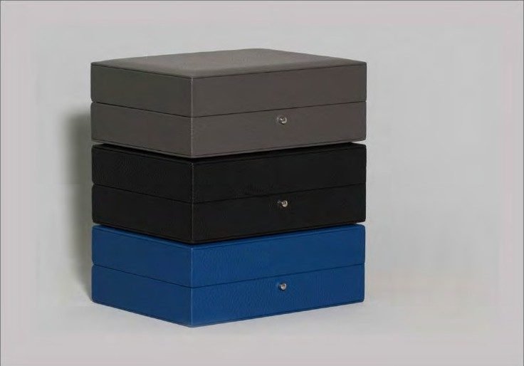Coffrets empilables : Cuir gris, noir et bleu